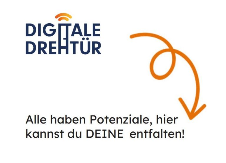 Quelle: https://digitale-drehtuer.de/ Text mit dem Schriftzug „Digitale Drehtür“ und Hinweis zur Entfaltung von Potenzialen.